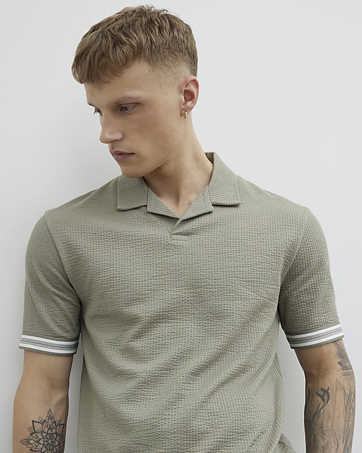 Khaki Slim Fit Open Neck Polo Shirt