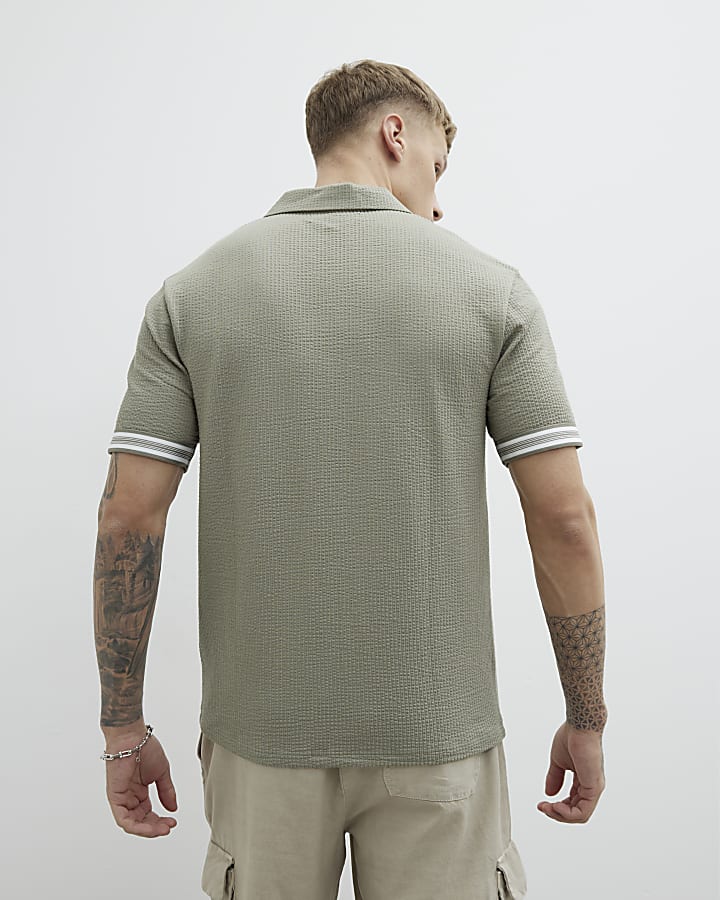 Khaki Slim Fit Open Neck Polo Shirt