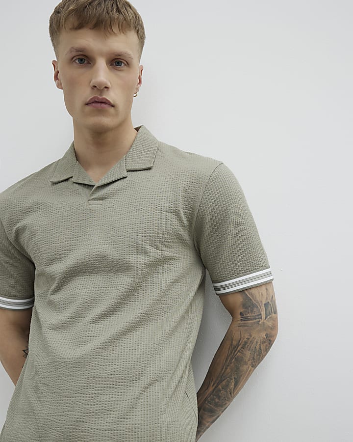 Khaki Slim Fit Open Neck Polo Shirt