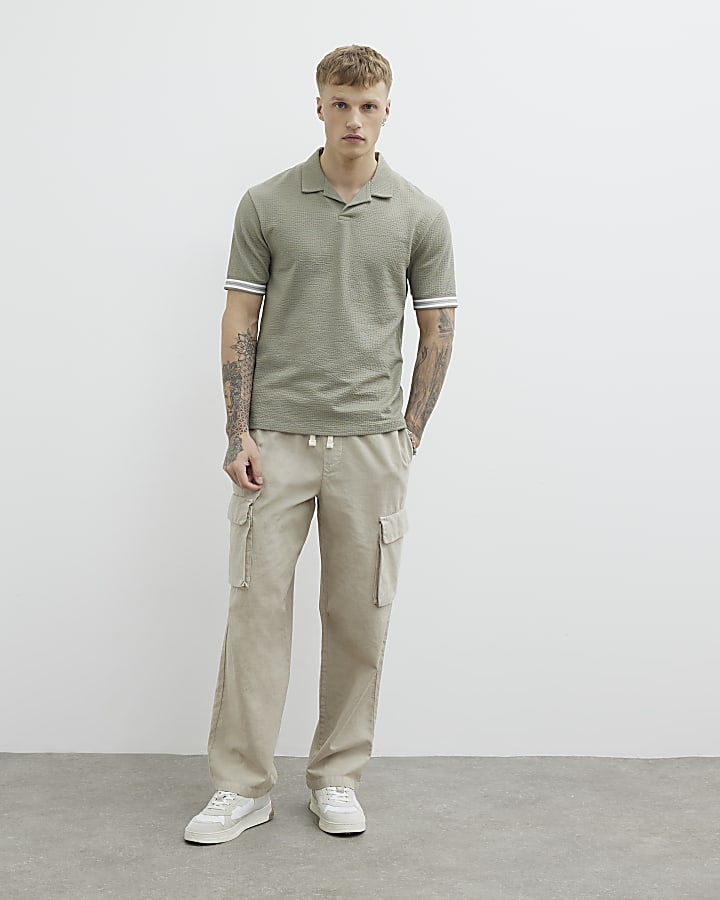 Khaki Slim Fit Open Neck Polo Shirt