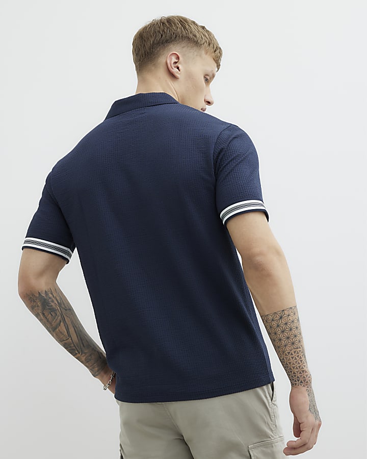 Navy Slim Fit Open Neck Polo Shirt