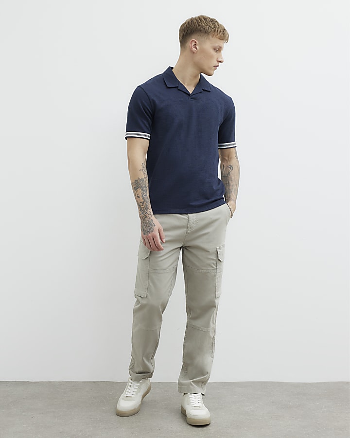 Navy Slim Fit Open Neck Polo Shirt