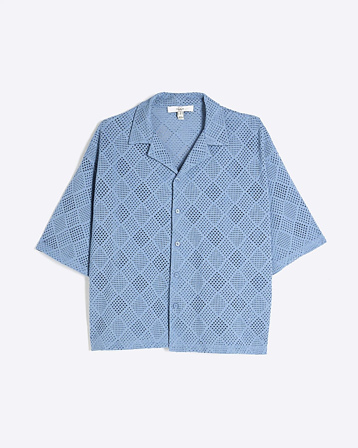 Blue Short Sleeve Diamond Crochet Shirt