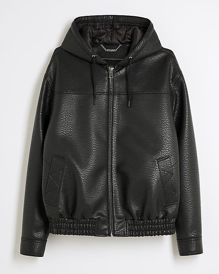 Black Faux Leather Hooded Bomber Jacket