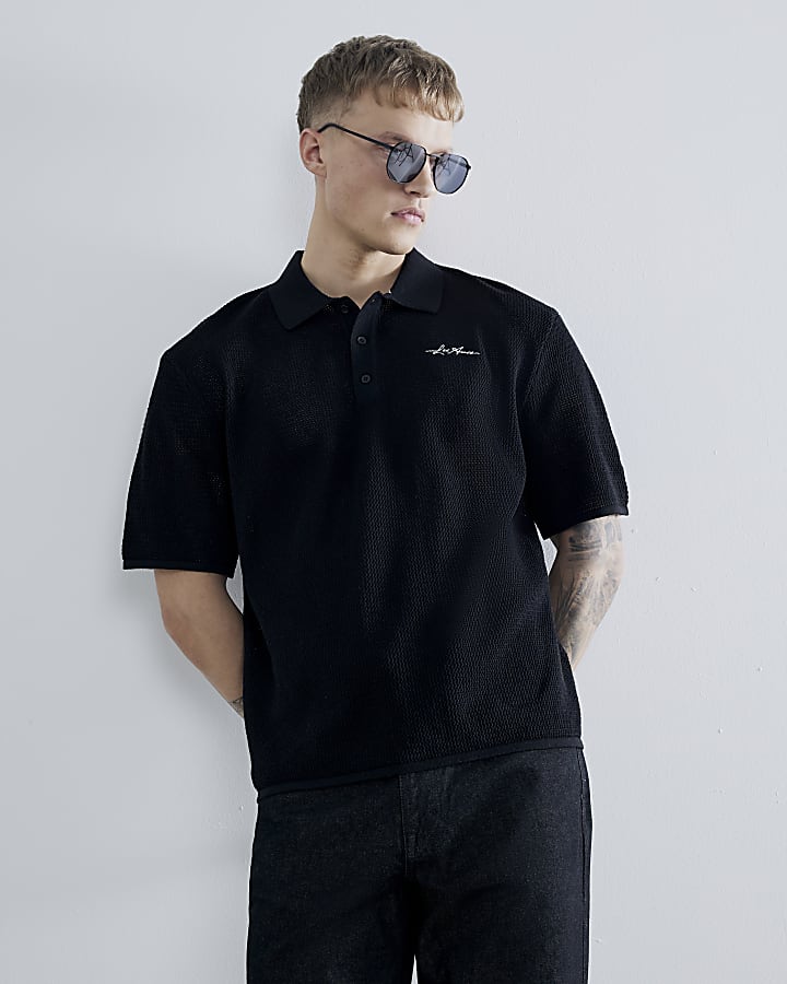 Black Boxy Fit Short Sleeve Polo Shirt