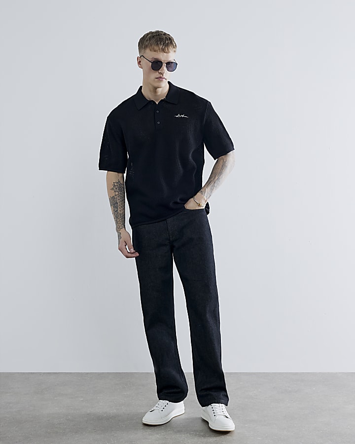 Black Boxy Fit Short Sleeve Polo Shirt