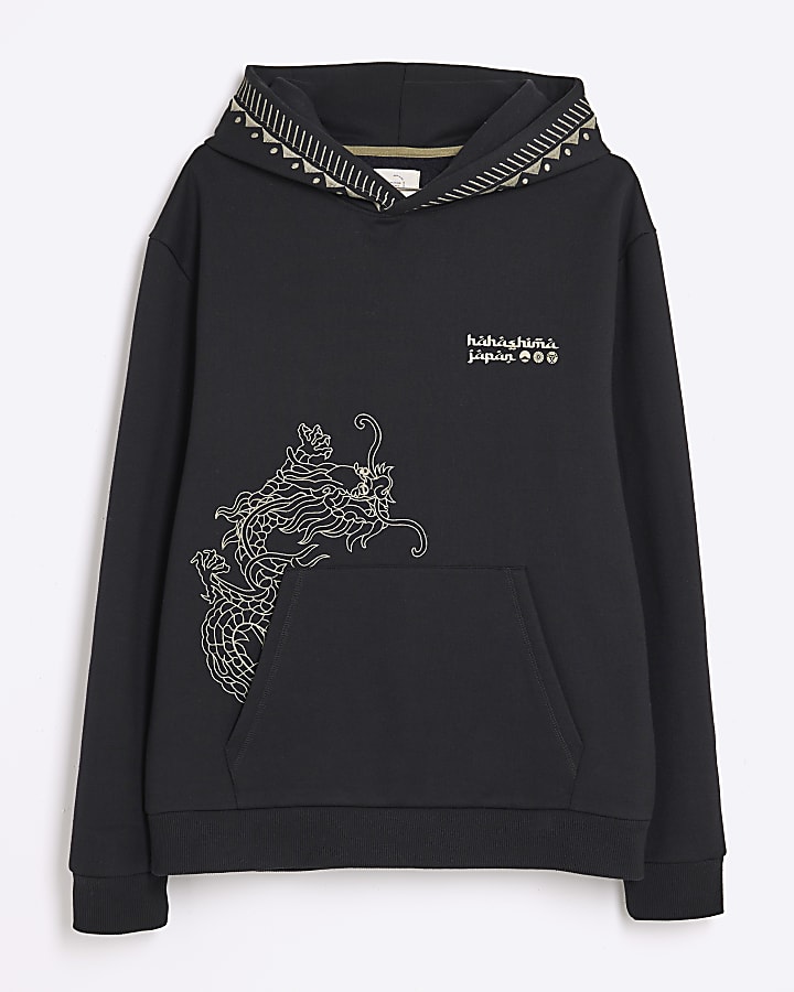 Black Regular Fit Beasty Embroidery Hoodie