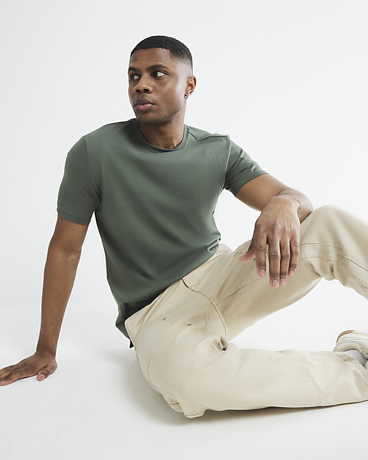 Khaki Slim Fit Long Line T-Shirt