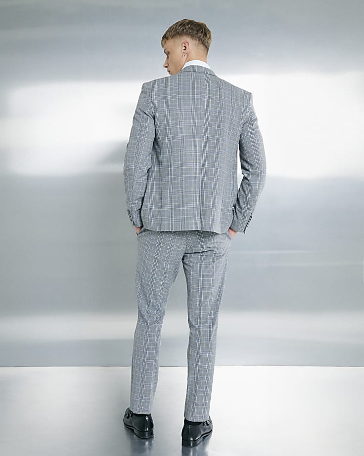 Grey Skinny Fit Check Suit Trousers