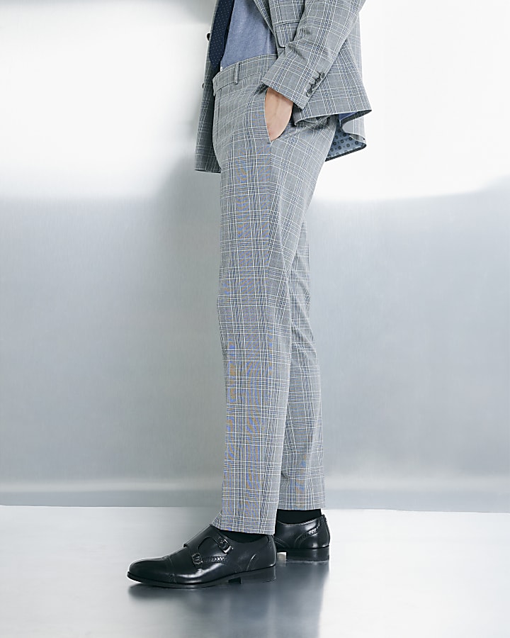 Grey Skinny Fit Check Suit Trousers