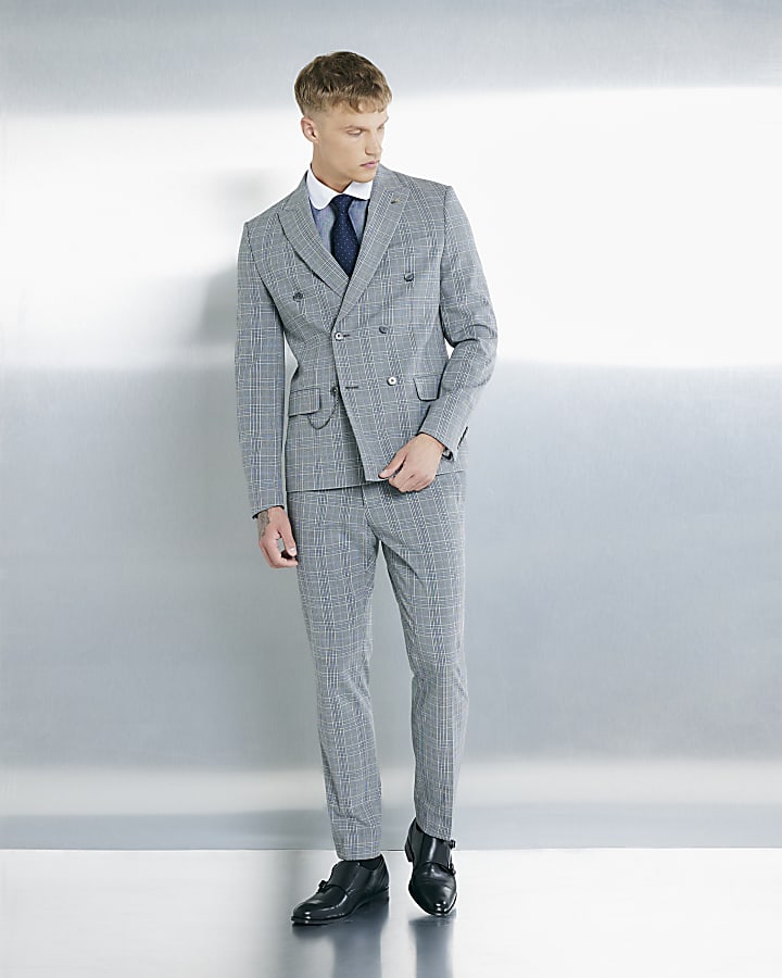 Grey Skinny Fit Check Suit Trousers