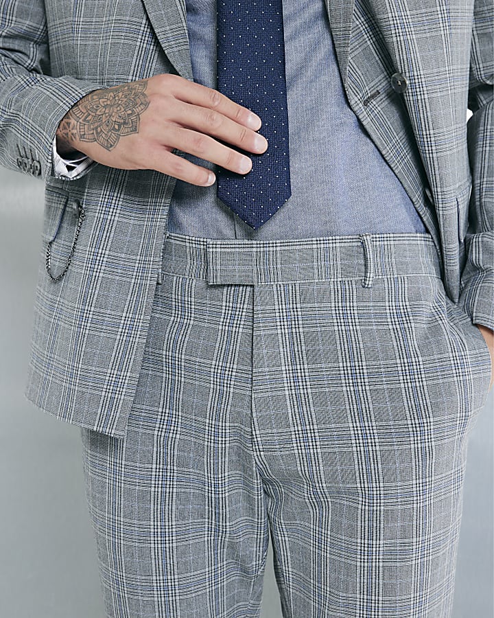 Grey Skinny Fit Check Suit Trousers