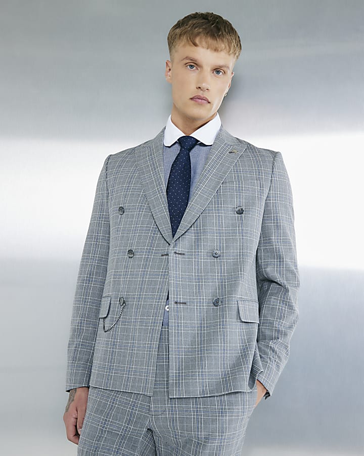 Grey Skinny Fit Check Suit Jacket