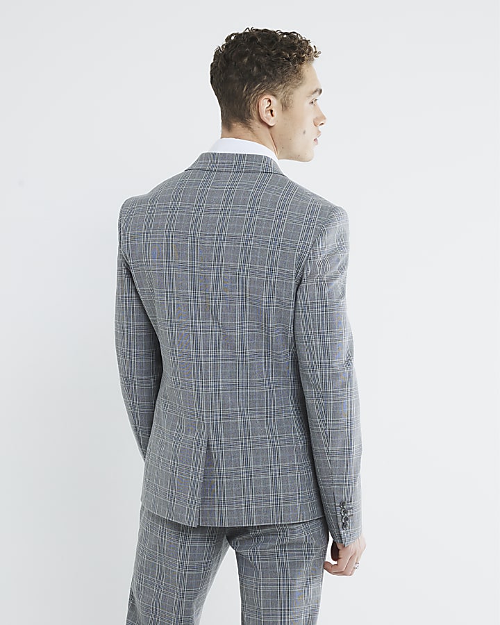 Grey Skinny Fit Check Suit Jacket