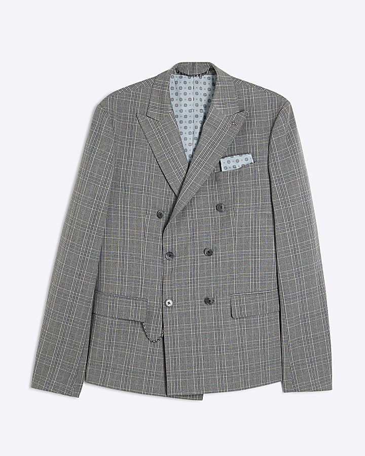 Grey Skinny Fit Check Suit Jacket