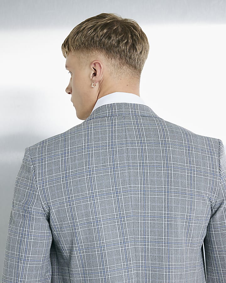 Grey Skinny Fit Check Suit Jacket