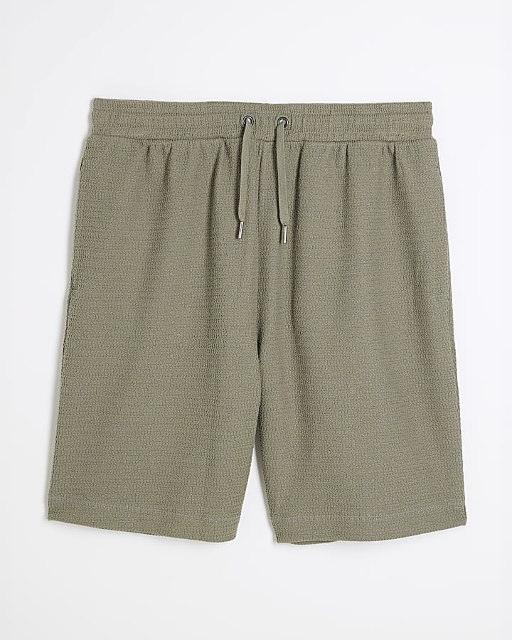 Khaki Regular Fit Textured Crinkled Shorts