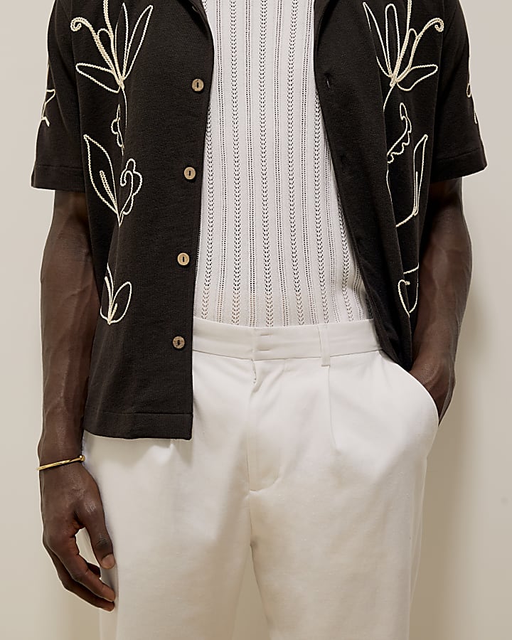 White Linen Blend Relaxed Fit Trousers