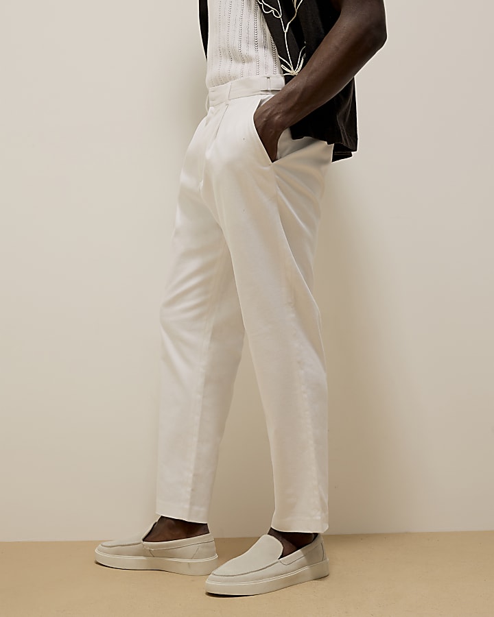 White Linen Blend Relaxed Fit Trousers