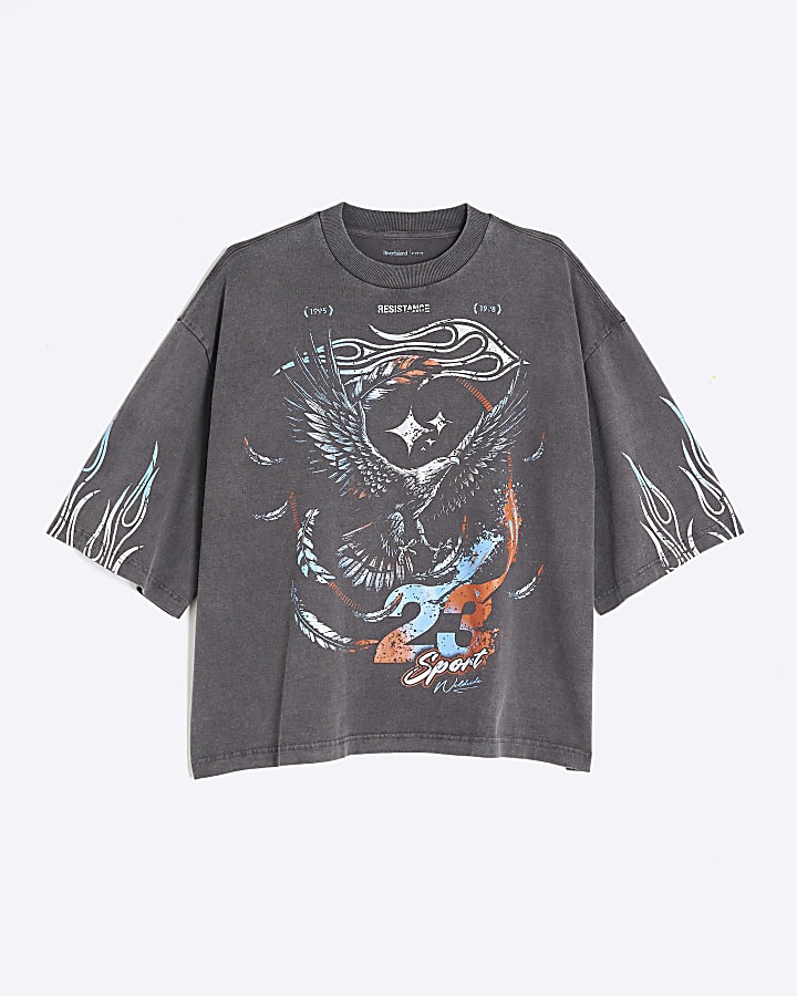 Black Cropped Fit Washed Eagle T-Shirt