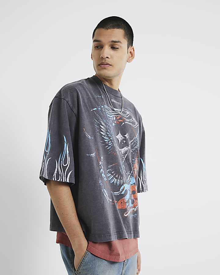 Black Cropped Fit Washed Eagle T-Shirt