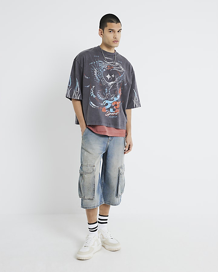 Black Cropped Fit Washed Eagle T-Shirt