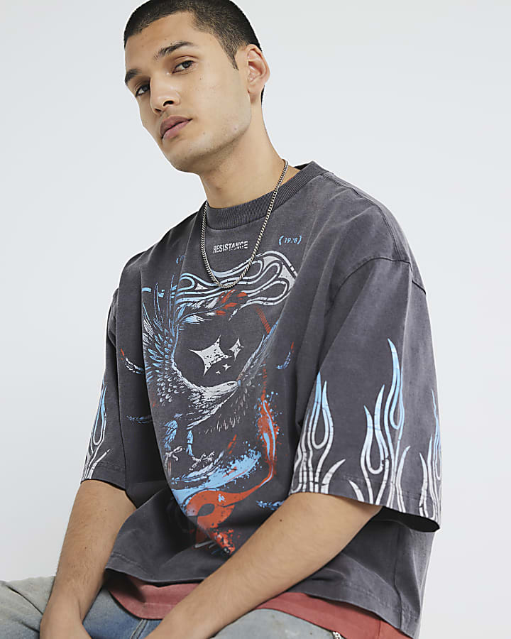 Black Cropped Fit Washed Eagle T-Shirt