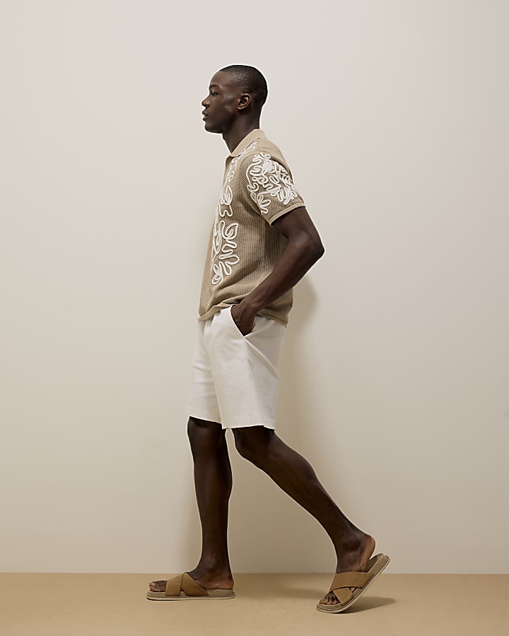 White Relaxed Fit Linen Blend Shorts
