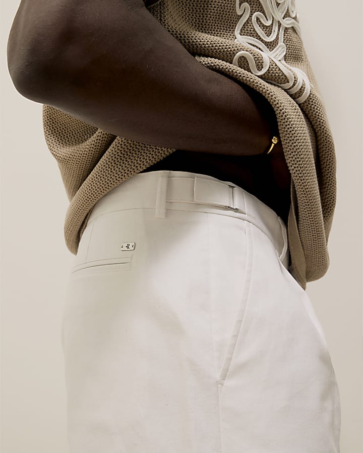 White Relaxed Fit Linen Blend Shorts