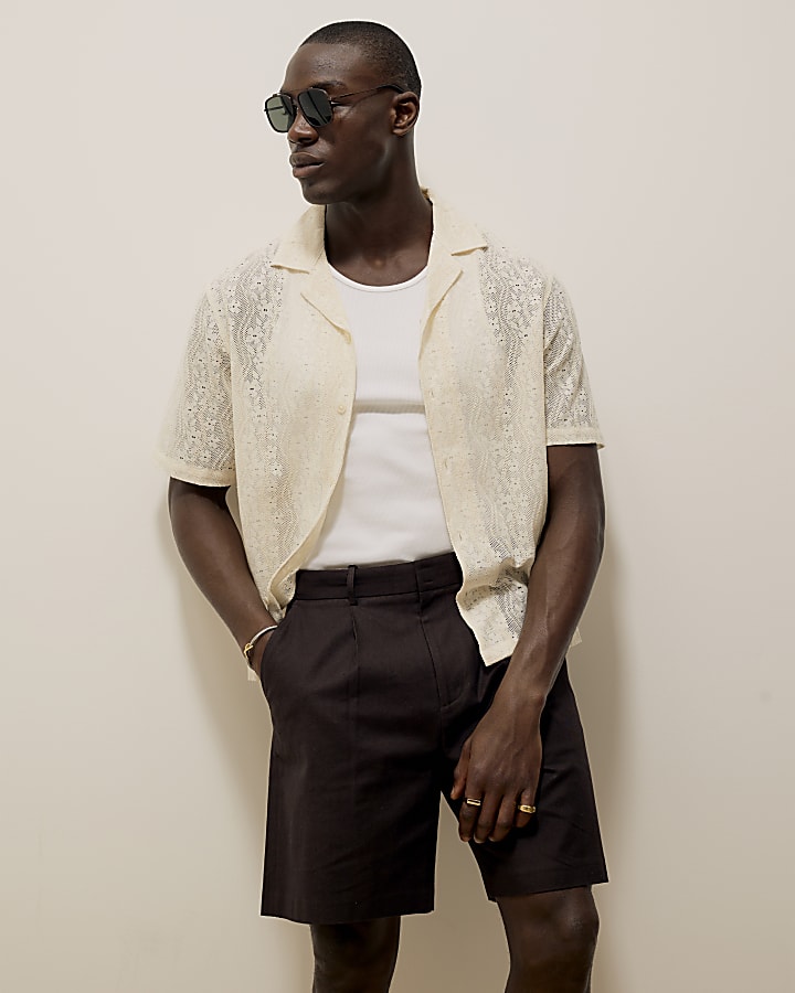 Brown Relaxed Fit Linen Blend Shorts