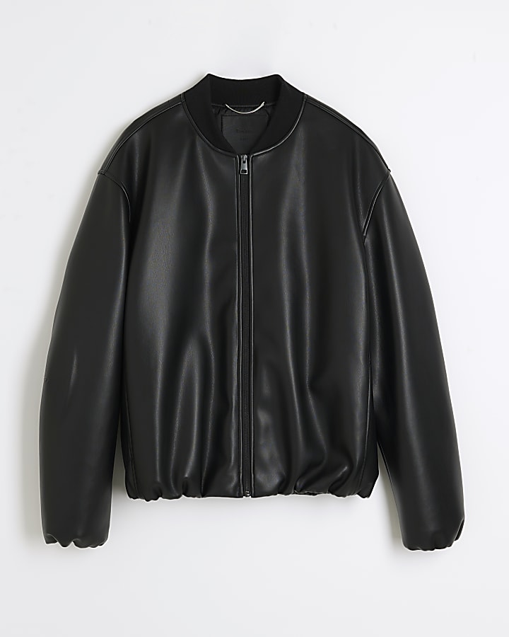 Black Faux Leather Bubble Hem Bomber Jacket