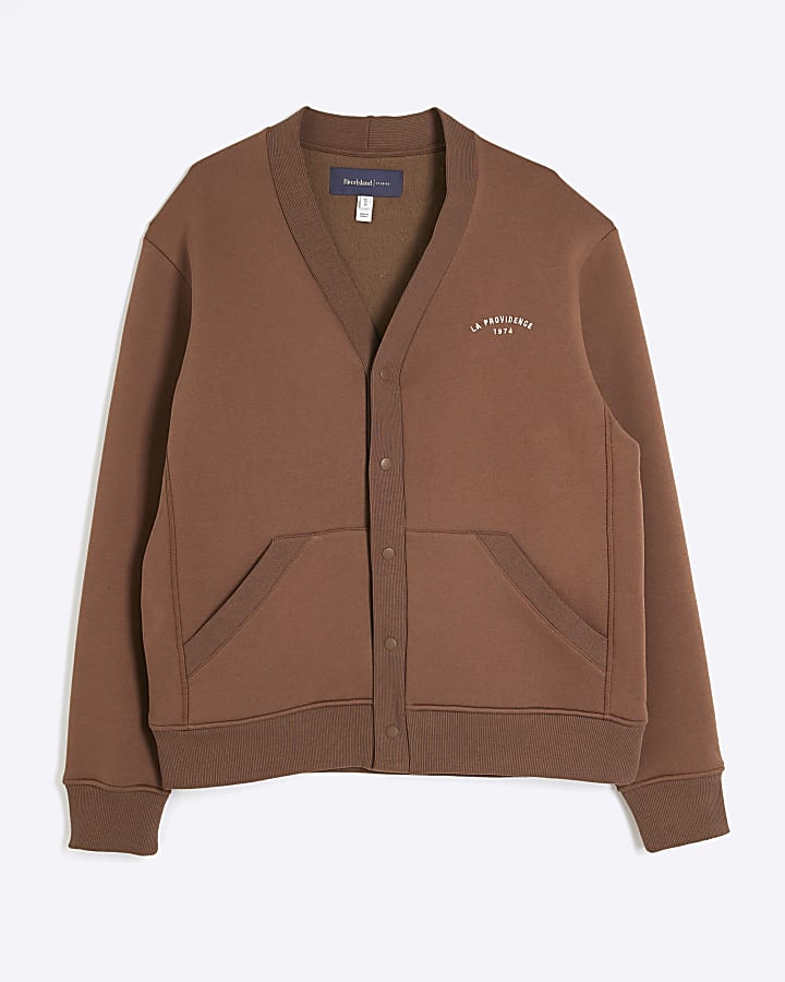 Brown Long Sleeve Baseball Collar Cardigan