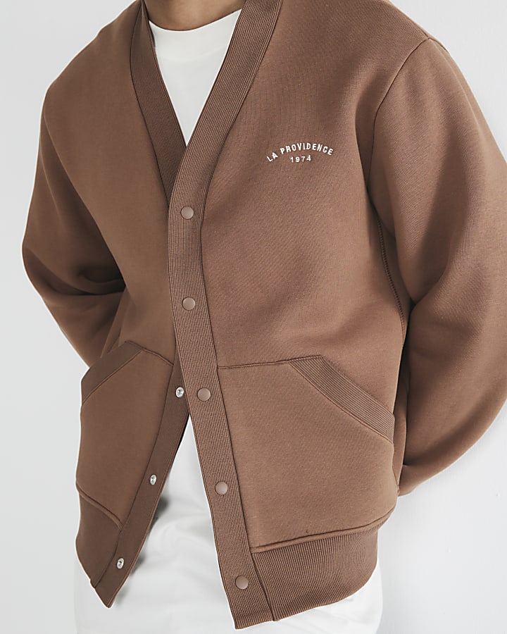 Brown Long Sleeve Baseball Collar Cardigan