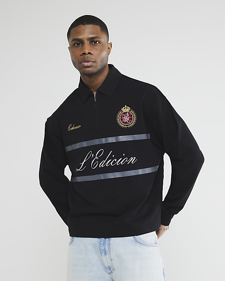 Black Open Hem Embroidery Rugby Polo Shirt