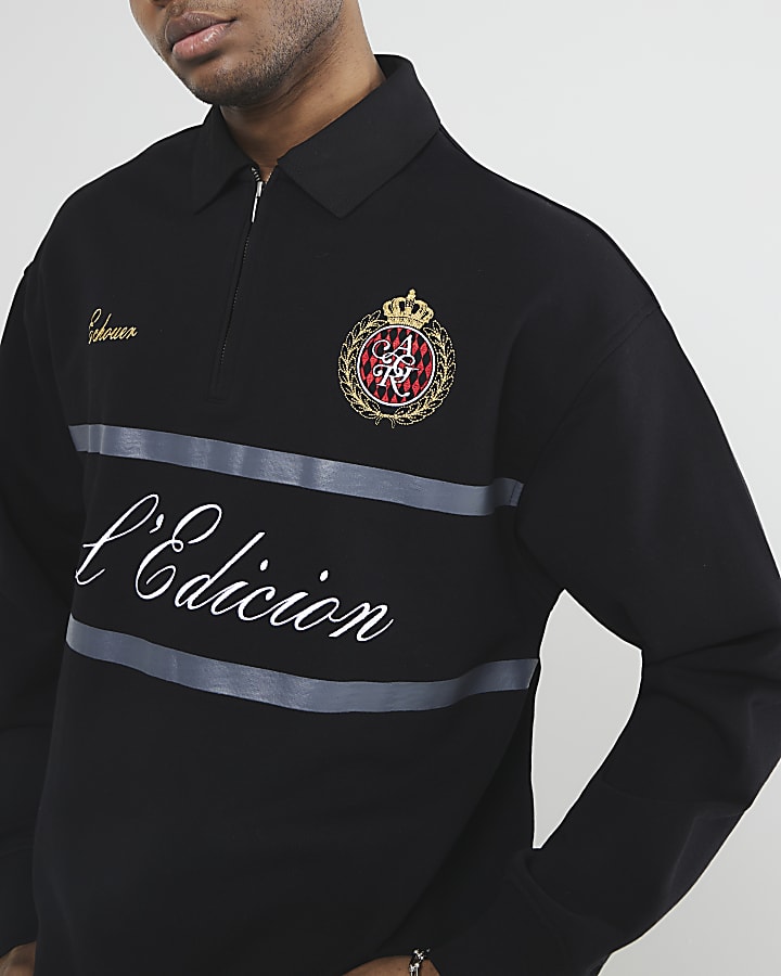 Black Open Hem Embroidery Rugby Polo Shirt