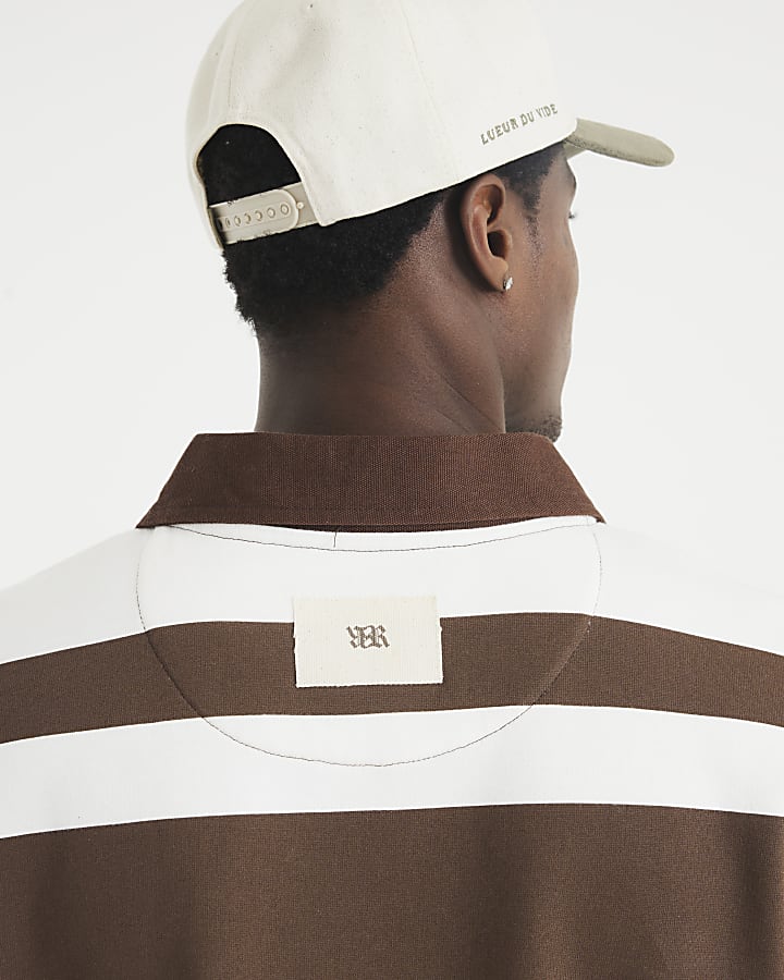 Brown Stripe Open Hem Rugby Polo Sweatshirt