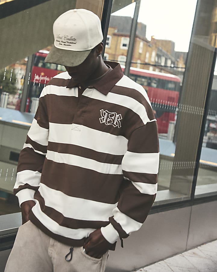 Brown Stripe Open Hem Rugby Polo Sweatshirt