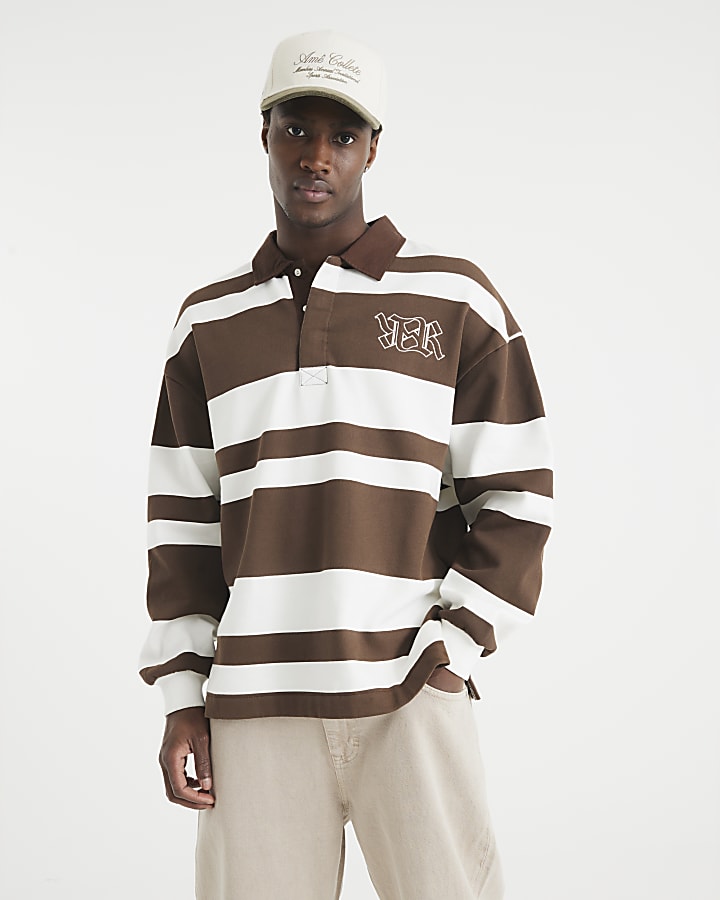 Brown Stripe Open Hem Rugby Polo Sweatshirt