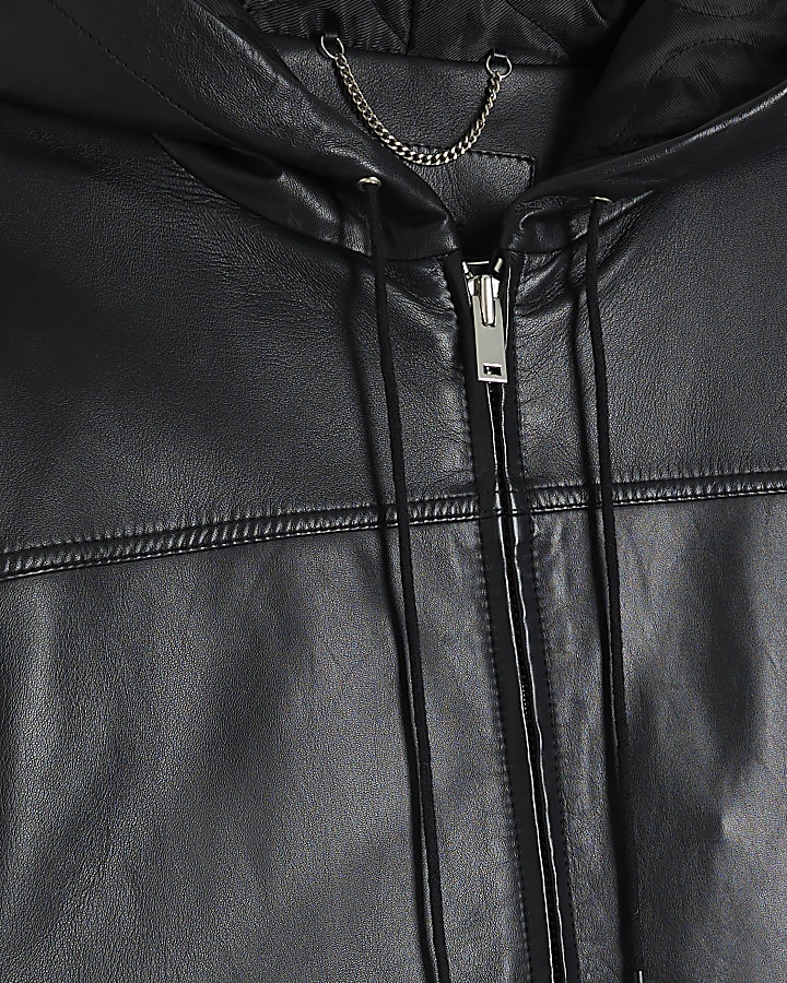 Black Premium Leather Hooded Bomber Jacket