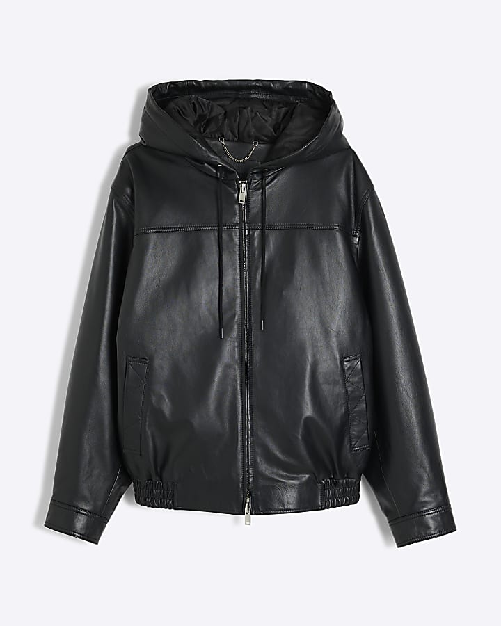 Black Premium Leather Hooded Bomber Jacket