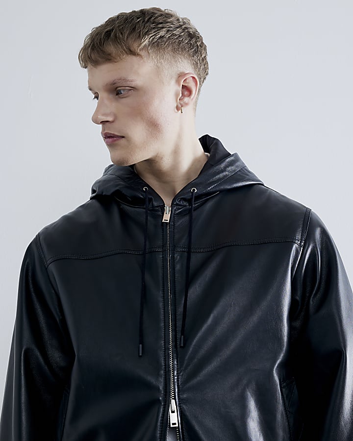 Black Premium Leather Hooded Bomber Jacket