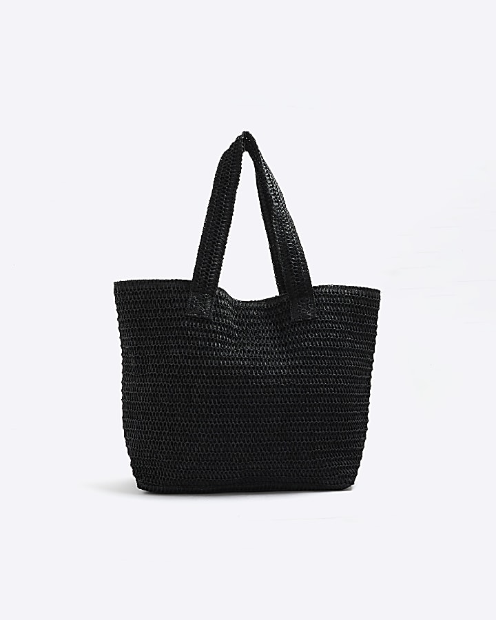 Black Le Nuit Raffia Embroidery Tote Bag