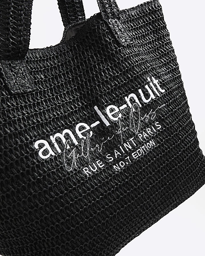 Black Le Nuit Raffia Embroidery Tote Bag