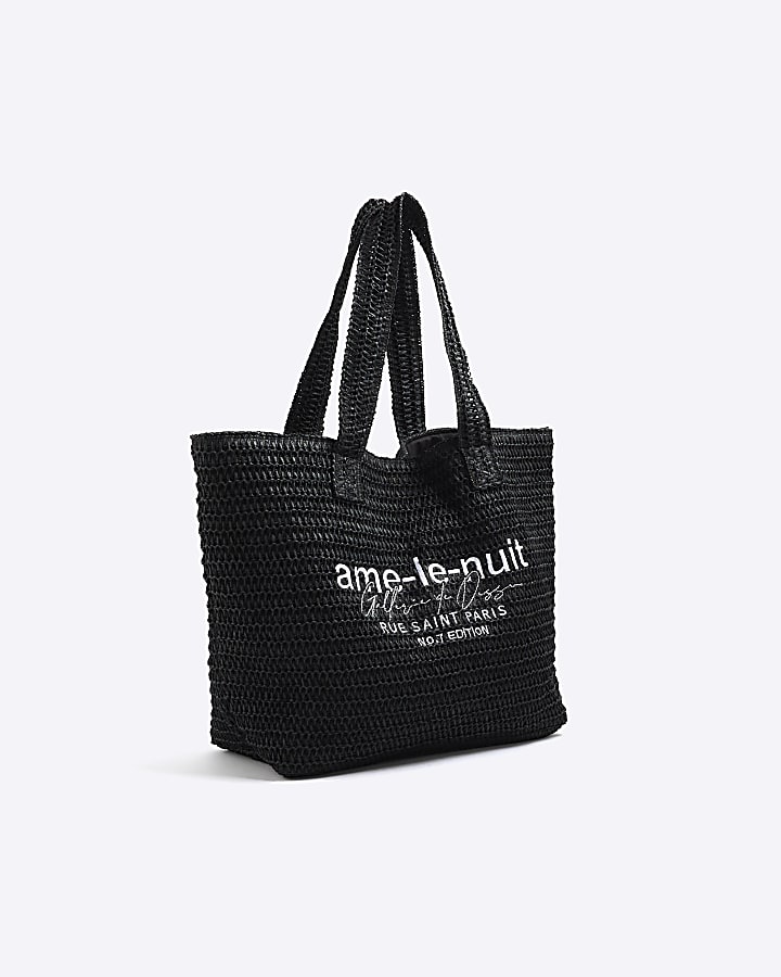 Black Le Nuit Raffia Embroidery Tote Bag
