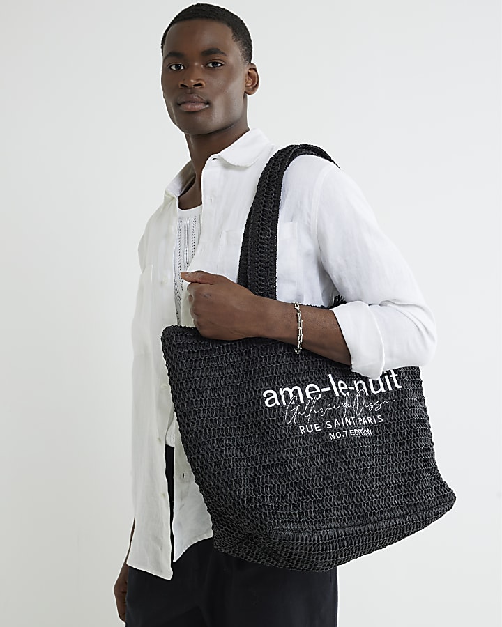 Black Le Nuit Raffia Embroidery Tote Bag