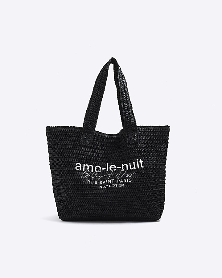 Black Le Nuit Raffia Embroidered Tote Bag