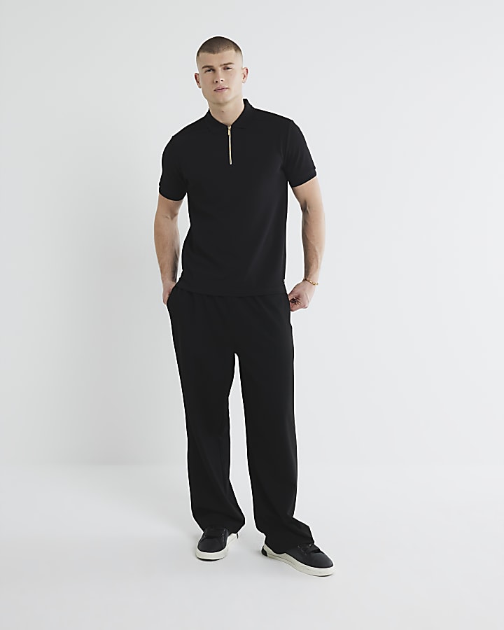 Black Short Sleeve Twill Taped Polo Shirt