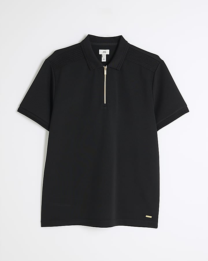 Black Short Sleeve Twill Taped Polo Shirt