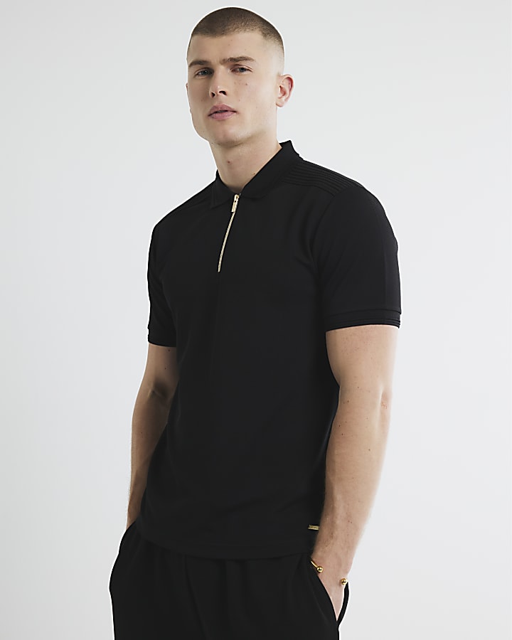 Black Short Sleeve Twill Taped Polo Shirt