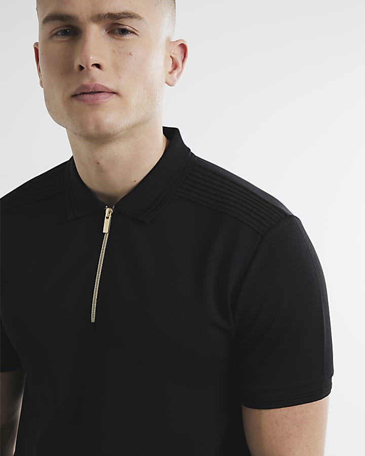 Black Short Sleeve Twill Taped Polo Shirt